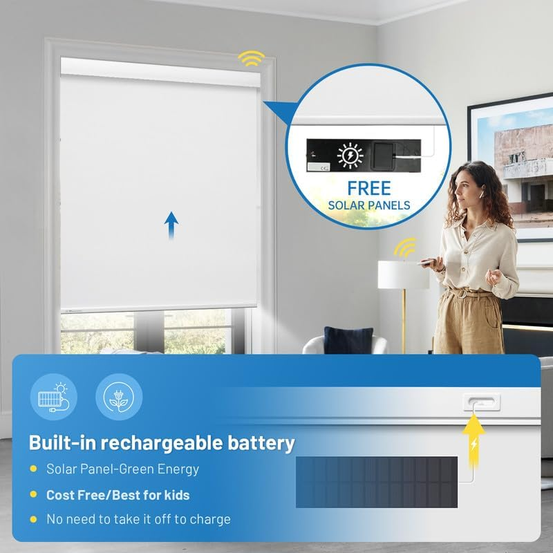 Motorized Blinds with Remote, Smart Automatic Roller Shades | Rechargeable Blackout Blinds with Valance Cover, Grasscloth Fabric Shades for Bedroom, Living Room,White, 22 X 72