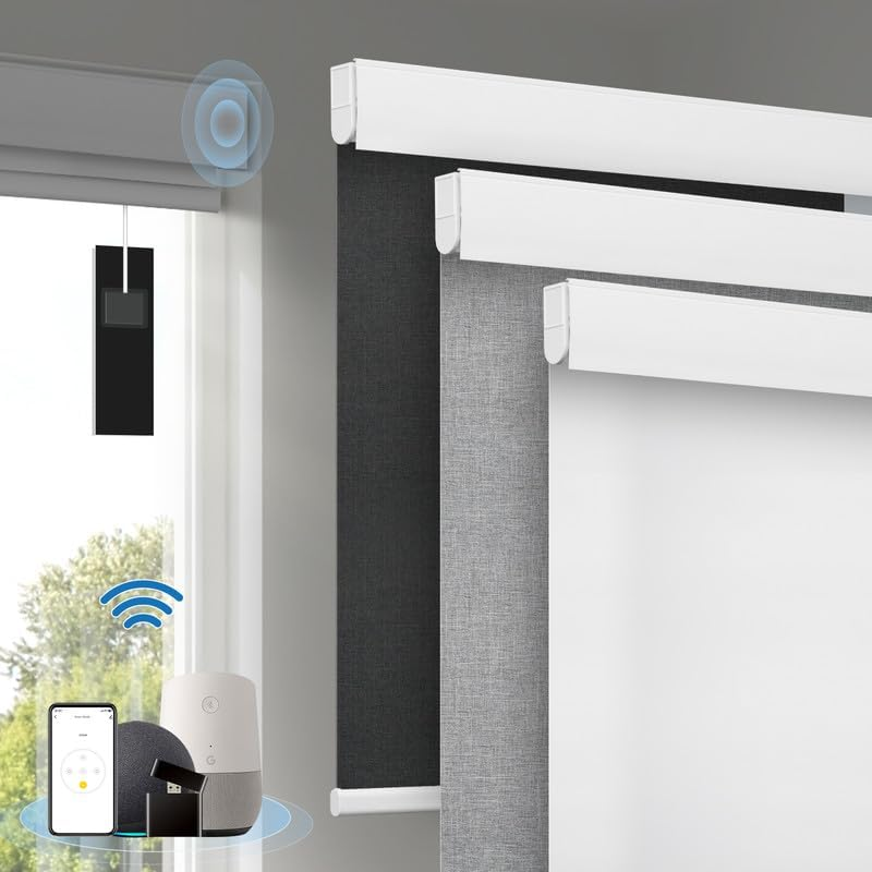 Motorized Blinds with Remote, Smart Automatic Roller Shades | Rechargeable Blackout Blinds with Valance Cover, Grasscloth Fabric Shades for Bedroom, Living Room,White, 22 X 72