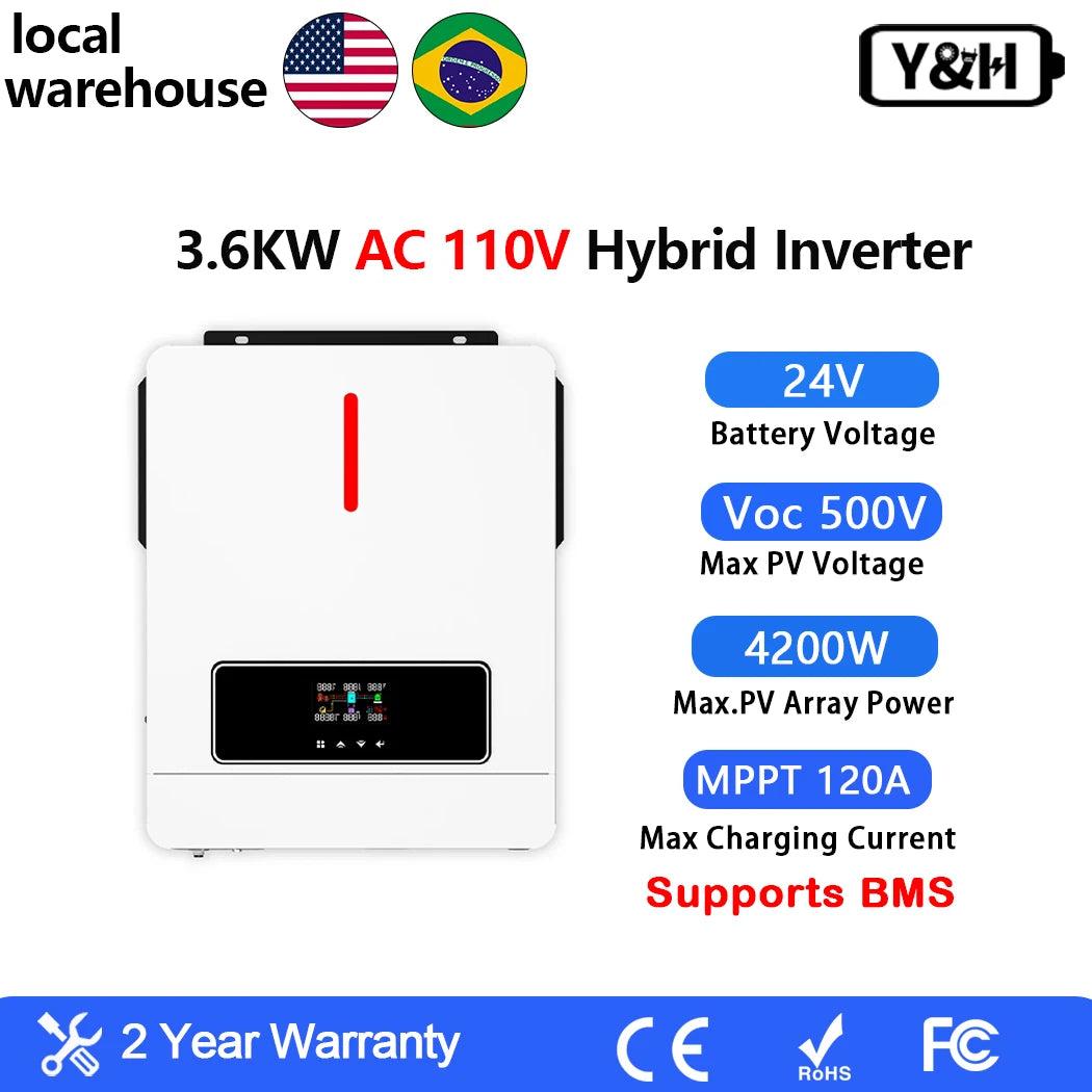3600W Hybrid Solar Inverter 24VDC 120VAC Off-Grid On-Grid Inverter Pure Sine Wave 120A MPPT Solar Charge Controller