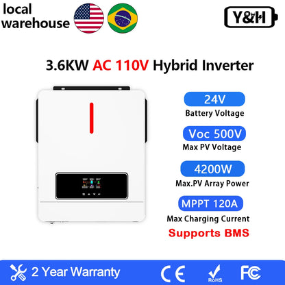 3600W Hybrid Solar Inverter 24VDC 120VAC Off-Grid On-Grid Inverter Pure Sine Wave 120A MPPT Solar Charge Controller