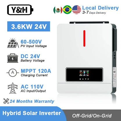 3600W Hybrid Solar Inverter 24VDC 120VAC Off-Grid On-Grid Inverter Pure Sine Wave 120A MPPT Solar Charge Controller