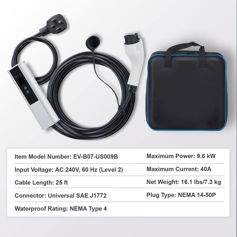 Level 2 Portable EV Charger, 40A 240V, 25 Ft. Cable, NEMA 14-50P Plug, Adjustable Current for Home EV Charging