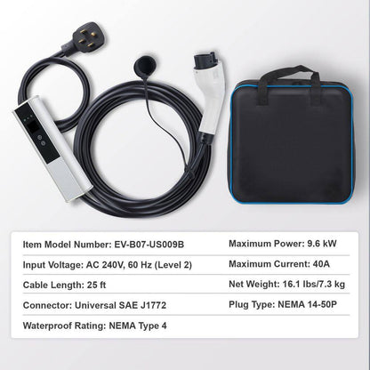 Level 2 Portable EV Charger, 40A 240V, 25 Ft. Cable, NEMA 14-50P Plug, Adjustable Current for Home EV Charging